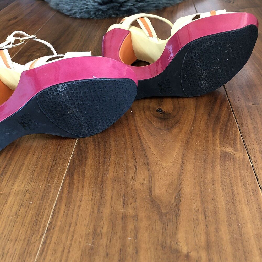 Stuart Weitzman Cut-Out Pink Yellow Color Block Wedge Platform Sandals 7.5M - Picture 8 of 11